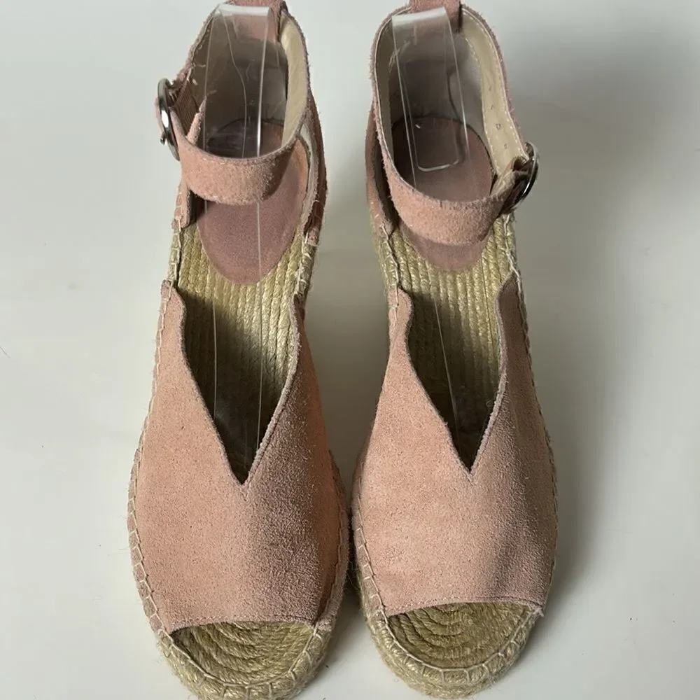Women’s Seychelles Pink Suede Wedge Espadrille Sandal shoes Size 7.5 Peep Toe.